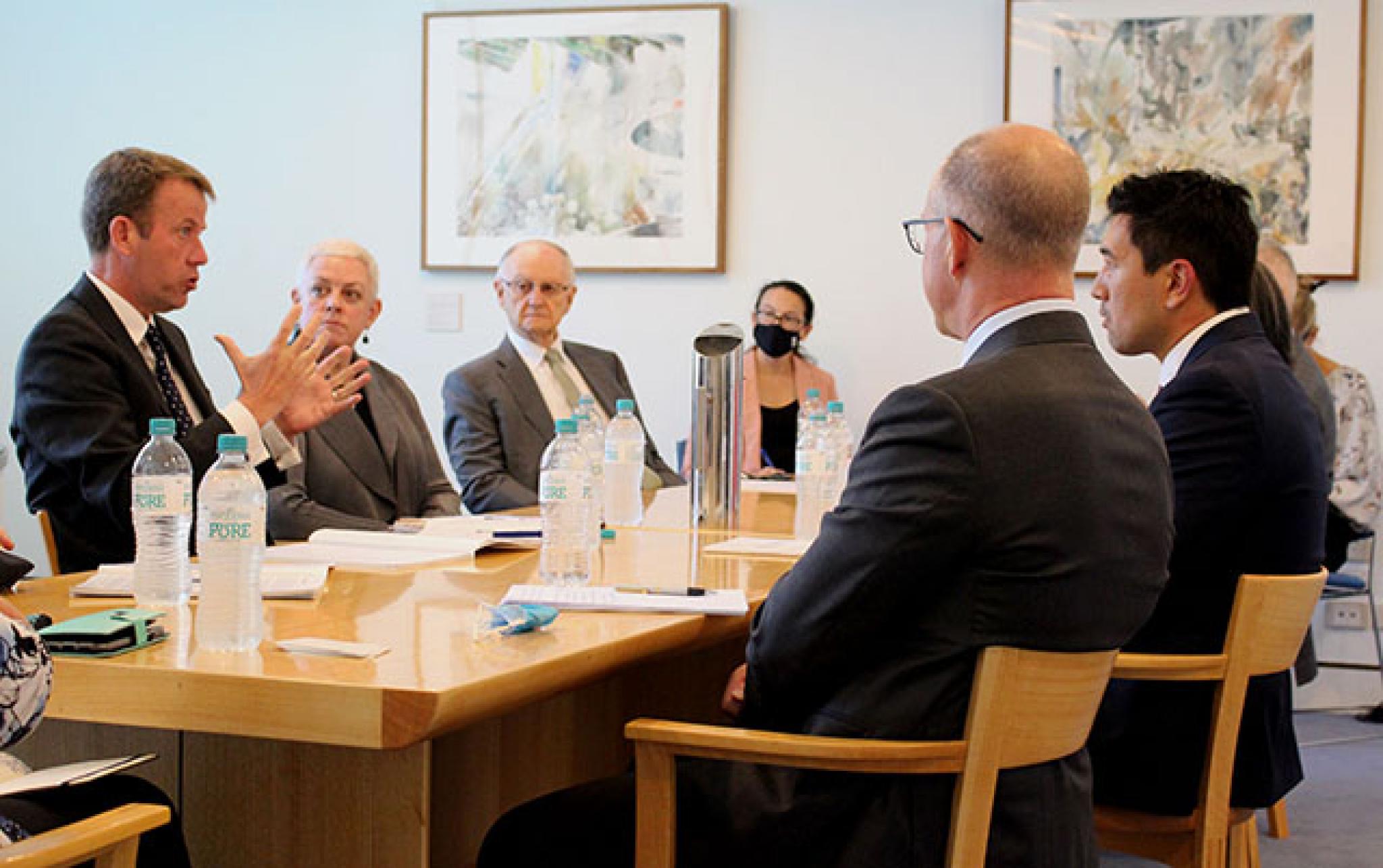 Minister for Trade The Hon Dan Tehan (at left) in discussion with Australia-Japan Research Centre Director Dr Shiro Armstrong (opposite). Photo: Supplied, ANU.