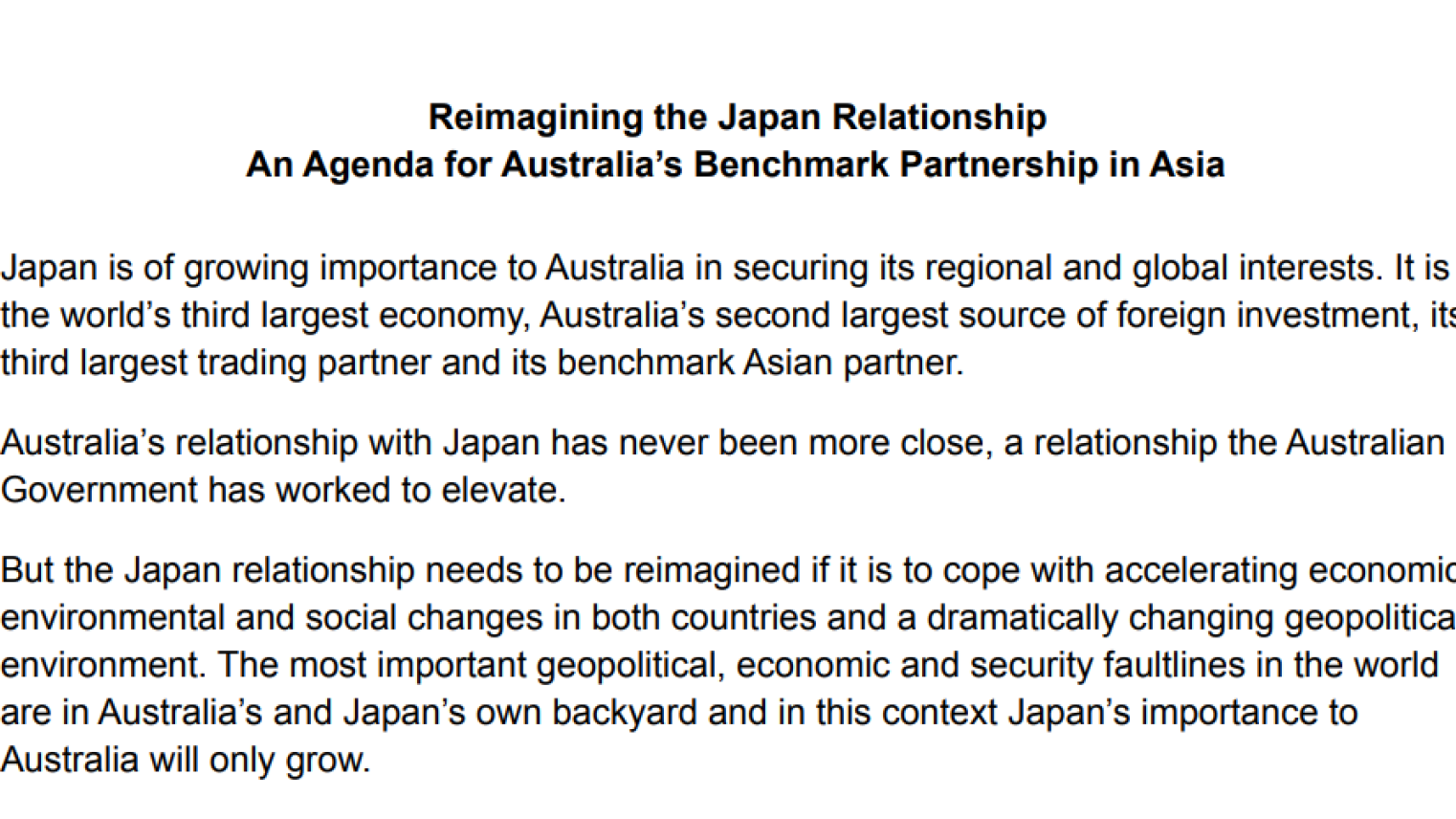 One page summary Reimagining the Japan Relationship